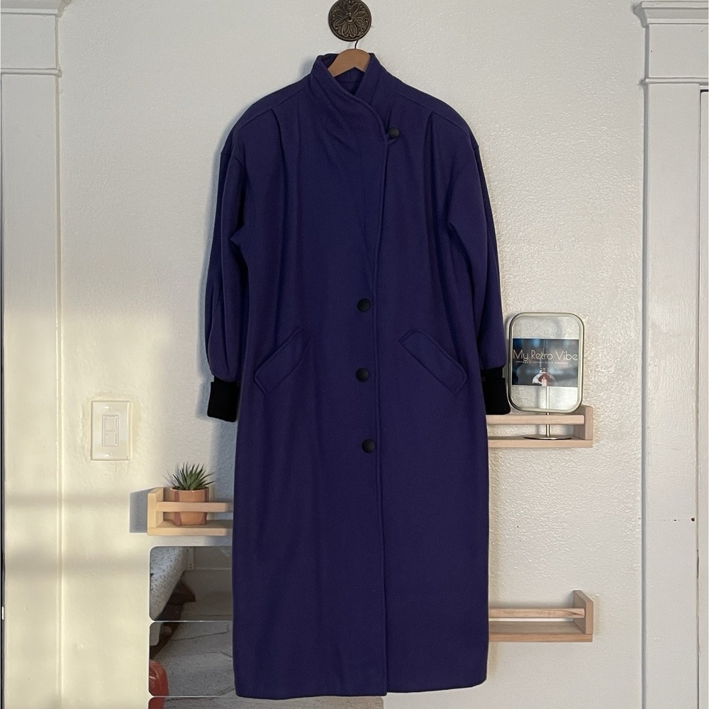 Vintage Trench Full Length Wool Coat Royal Blue Wrap Collar 80's Size 8